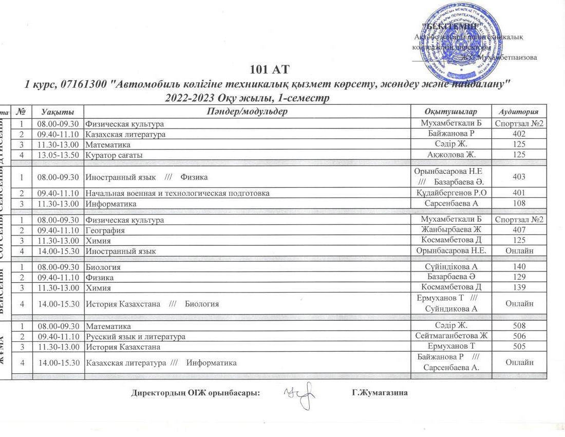 Расписание 1 семестр – Актюбинский Высший политехнический колледж